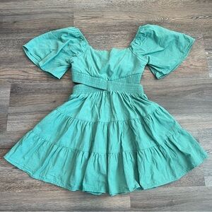 Shy Velvet Tiered Mini Dress Small Puff Sleeve Green Cottagecore Boho Flowy